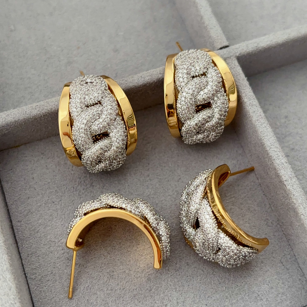 Pave zircon two tone earrings