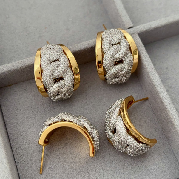 Pave zircon two tone earrings