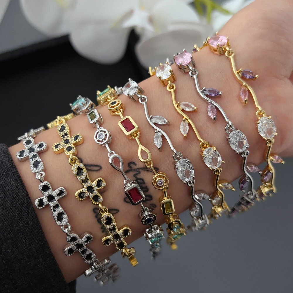 Pave flower cross bracelet