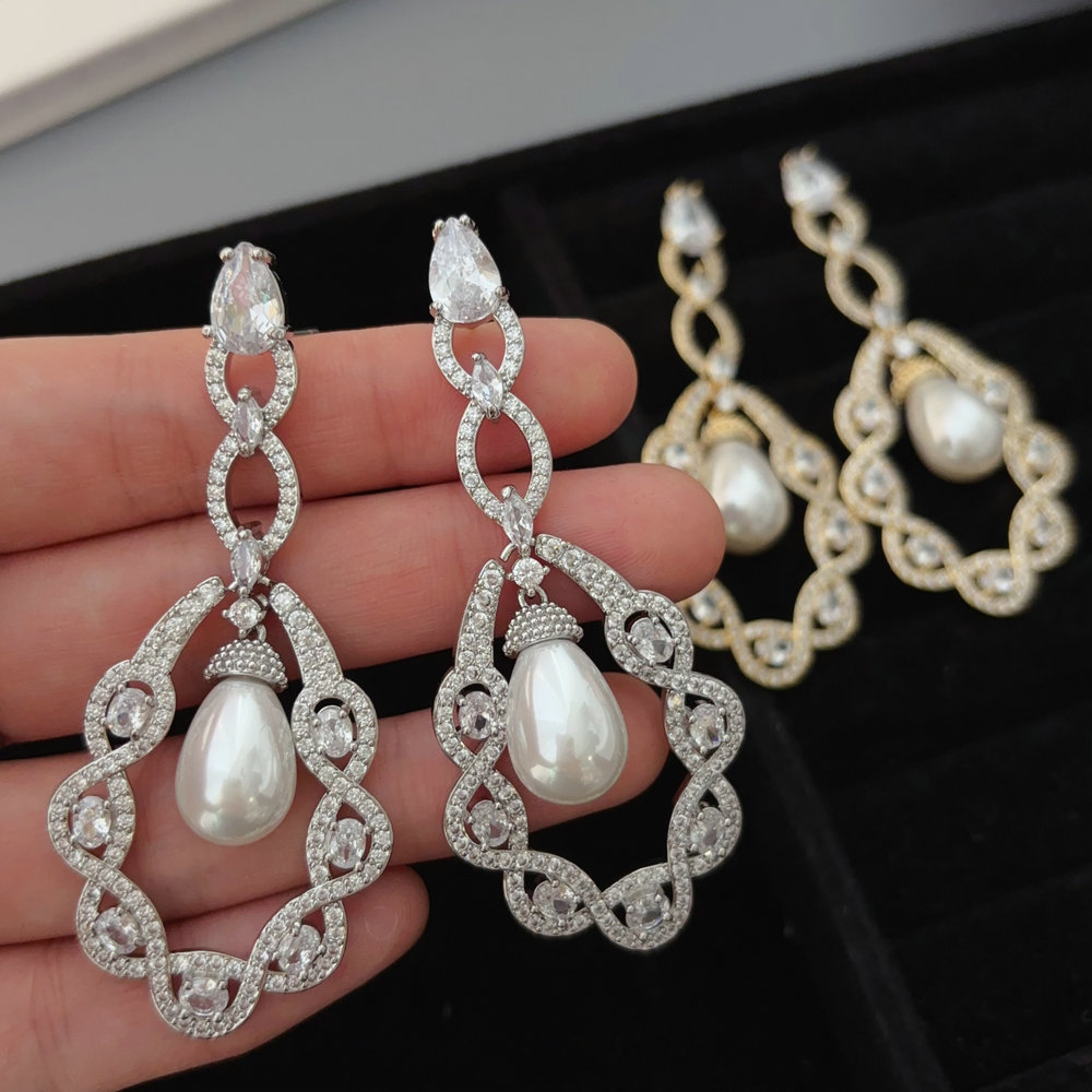 Pave zircon pearl teardrop earrings