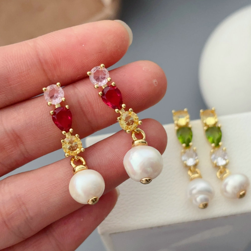 Colorful zircon pearl earrings