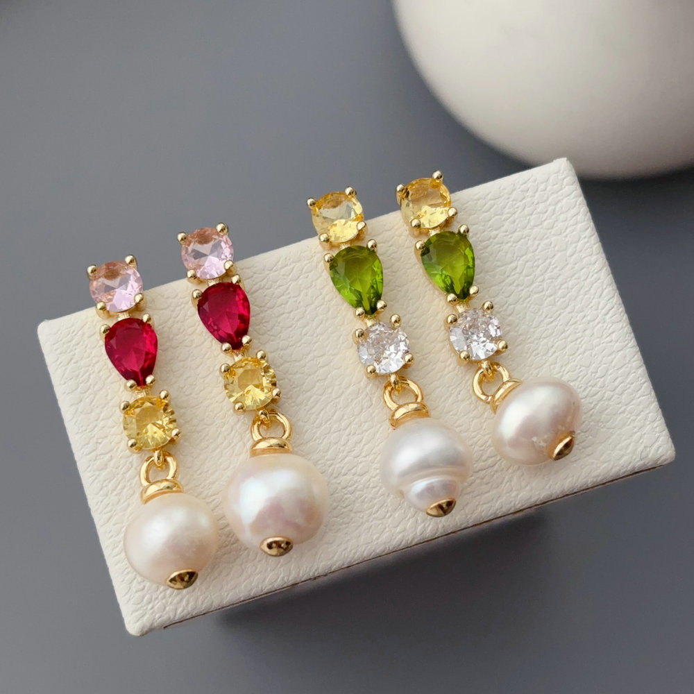 Colorful zircon pearl earrings