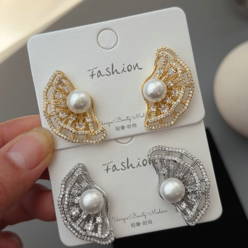 Pave fan pearl earrings