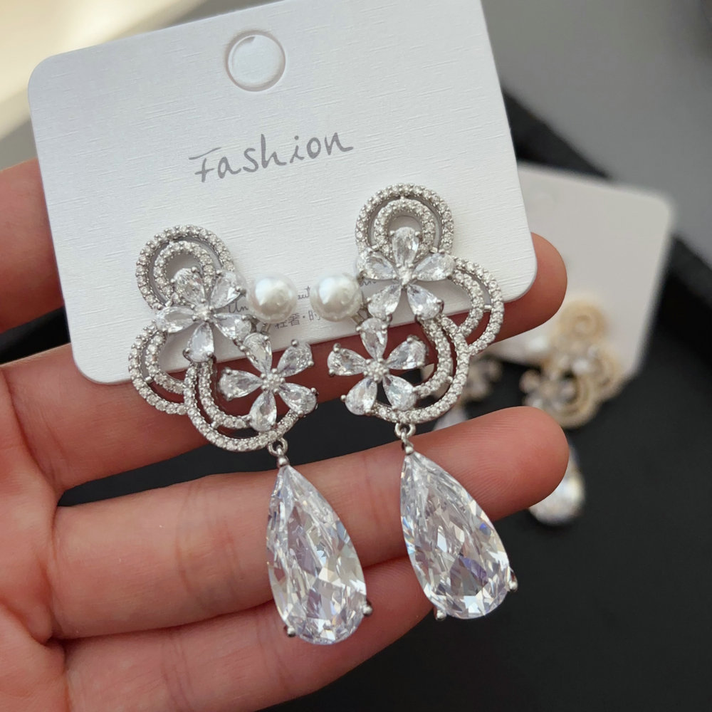 Pave zircon fine flower earrings