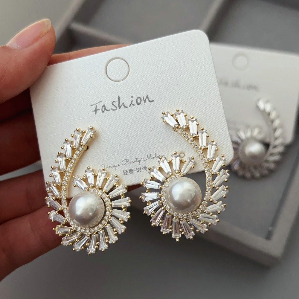 Pave zircon pearl earrings