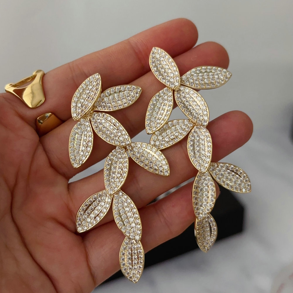 Pave zircon long leaf earrings