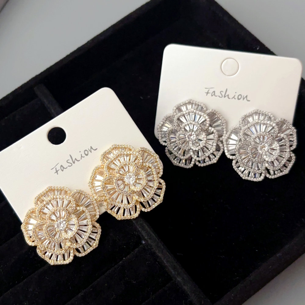Pave zircon chunky flower earrings