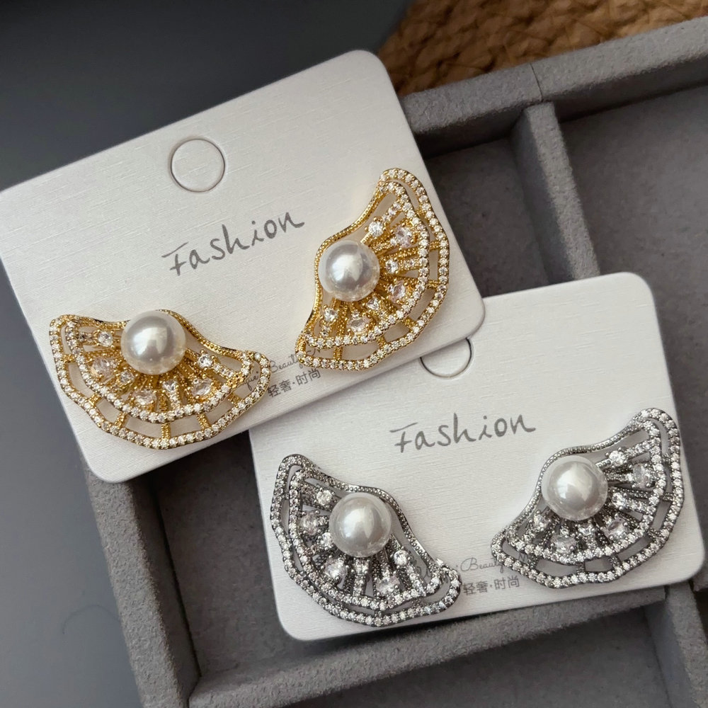 Pave fan pearl earrings