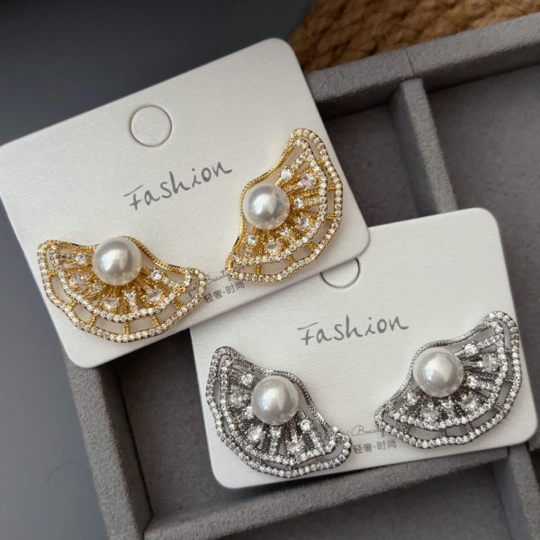 Pave fan pearl earrings