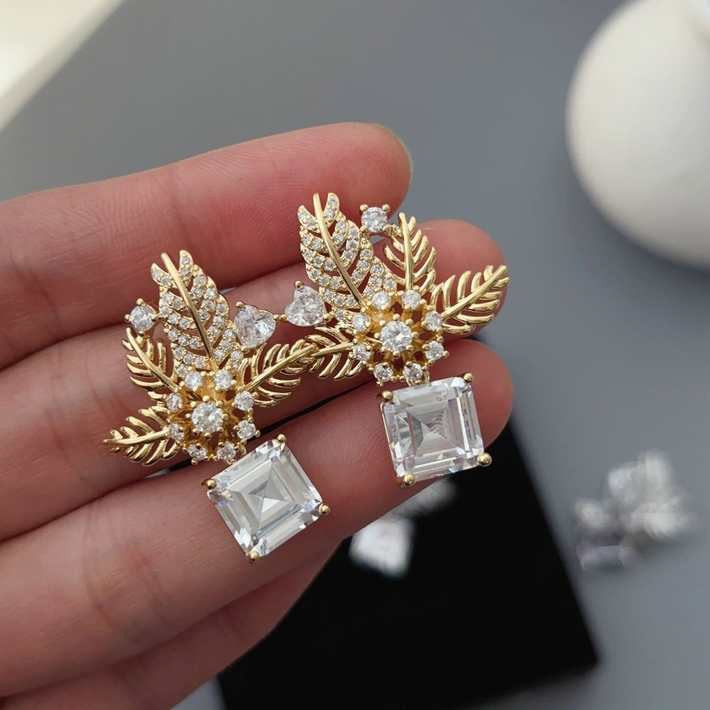 Pave zircon leaf earrings