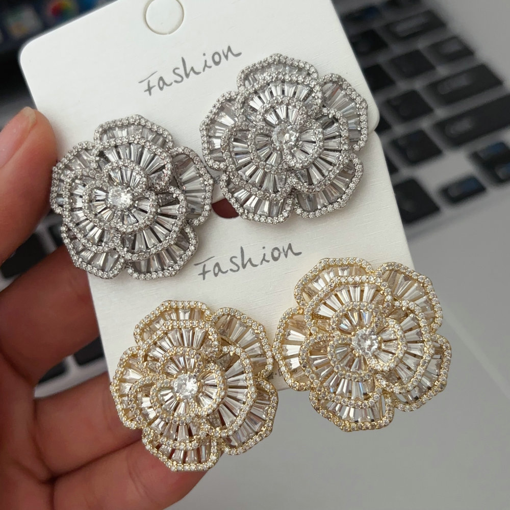 Pave zircon chunky flower earrings