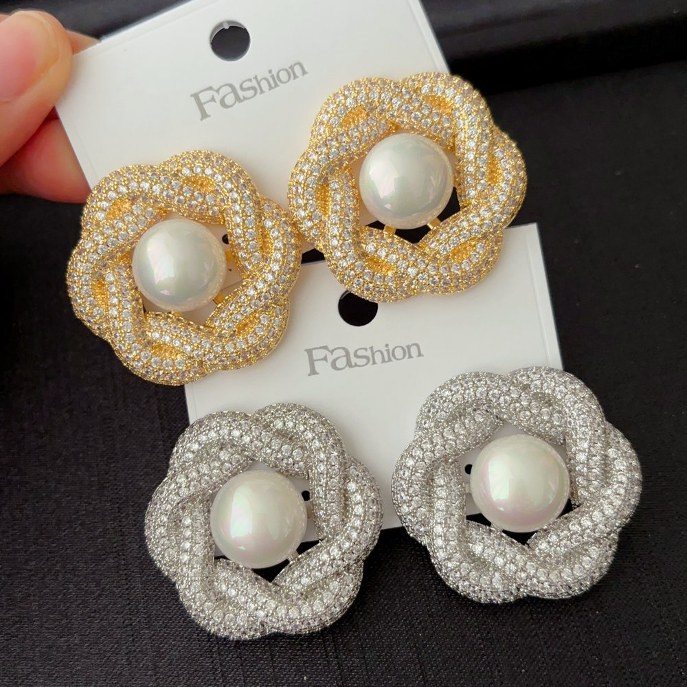 Chunky pave zircon pearl flower earrings