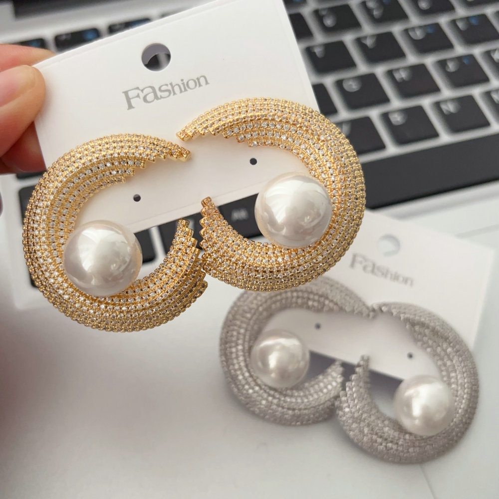 Pave moon pearl earrings
