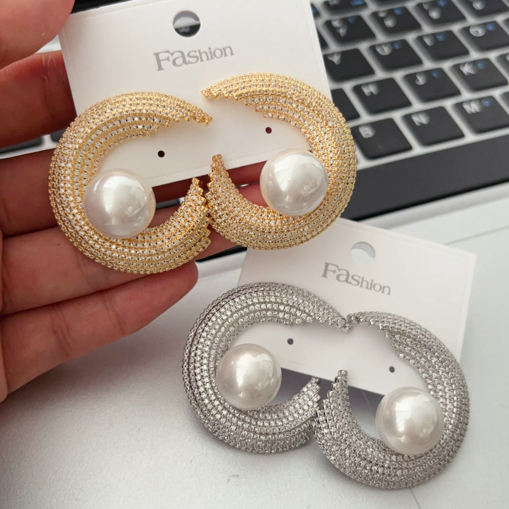 Pave moon pearl earrings