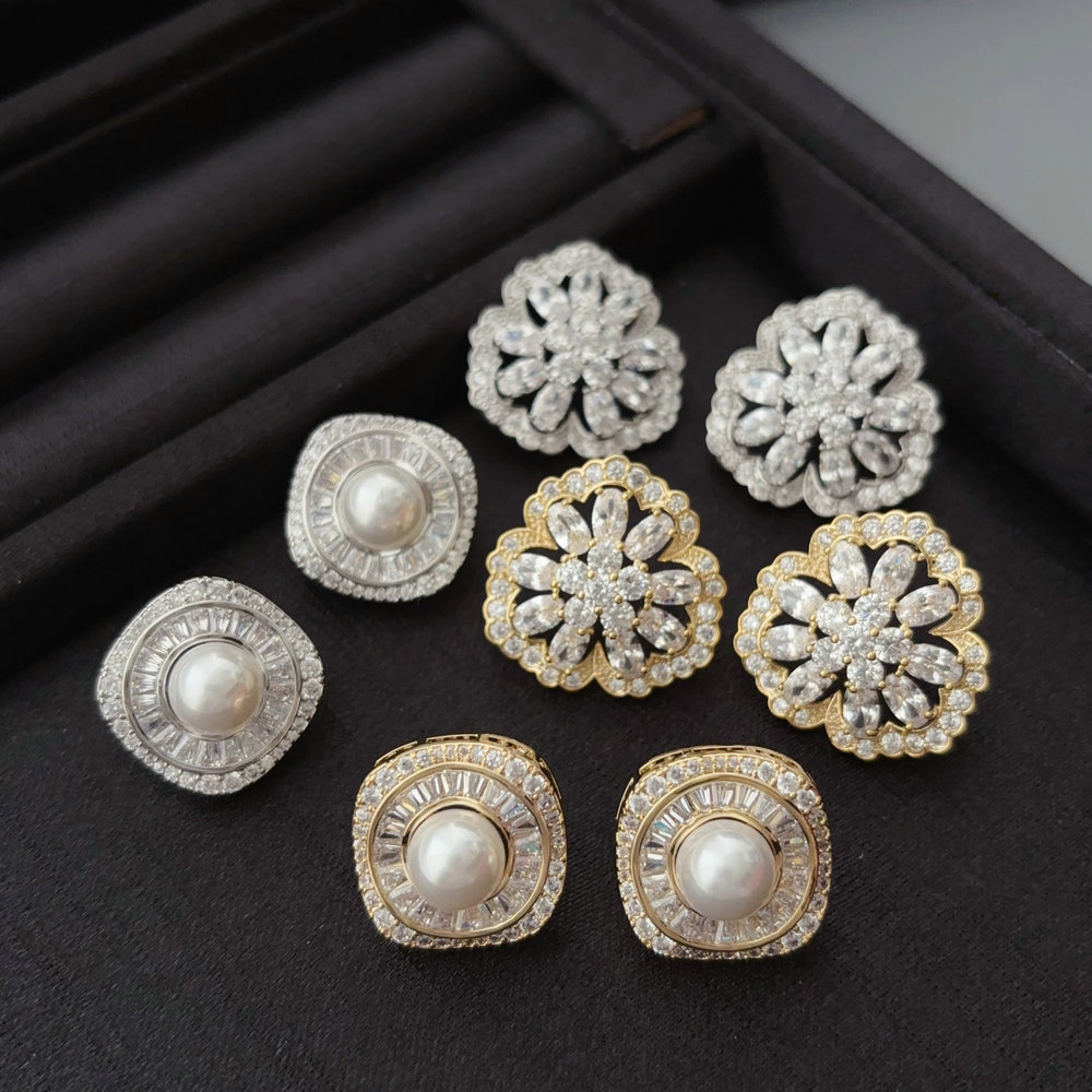Pave pearl flower earrings