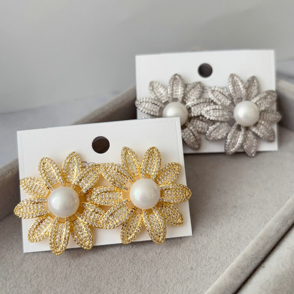 Pave zircon flower pearl earrings