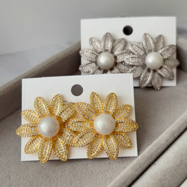 Pave zircon flower pearl earrings