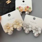 pave zircon flower pearl earrings