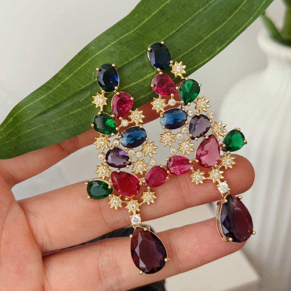 Pave colorful zircon flower earrings