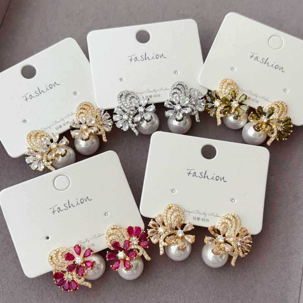pave zircon flower pearl earrings