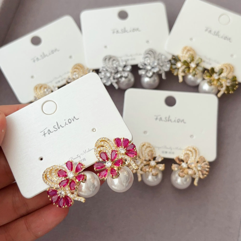 pave zircon flower pearl earrings