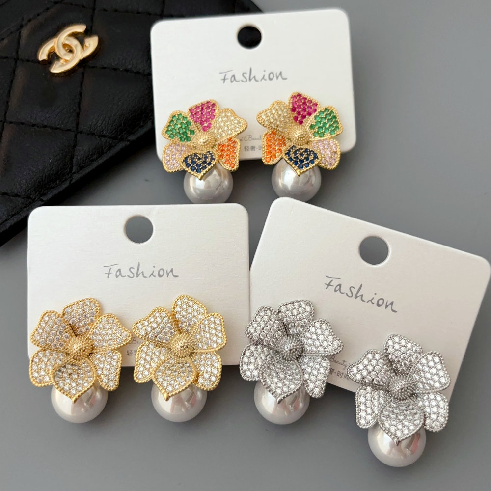 pave zircon flower pearl earrings