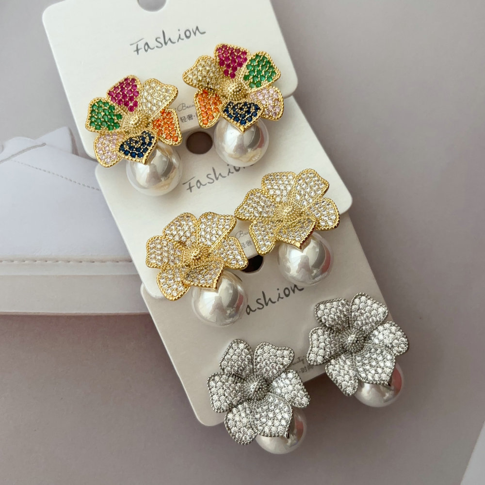 pave zircon flower pearl earrings
