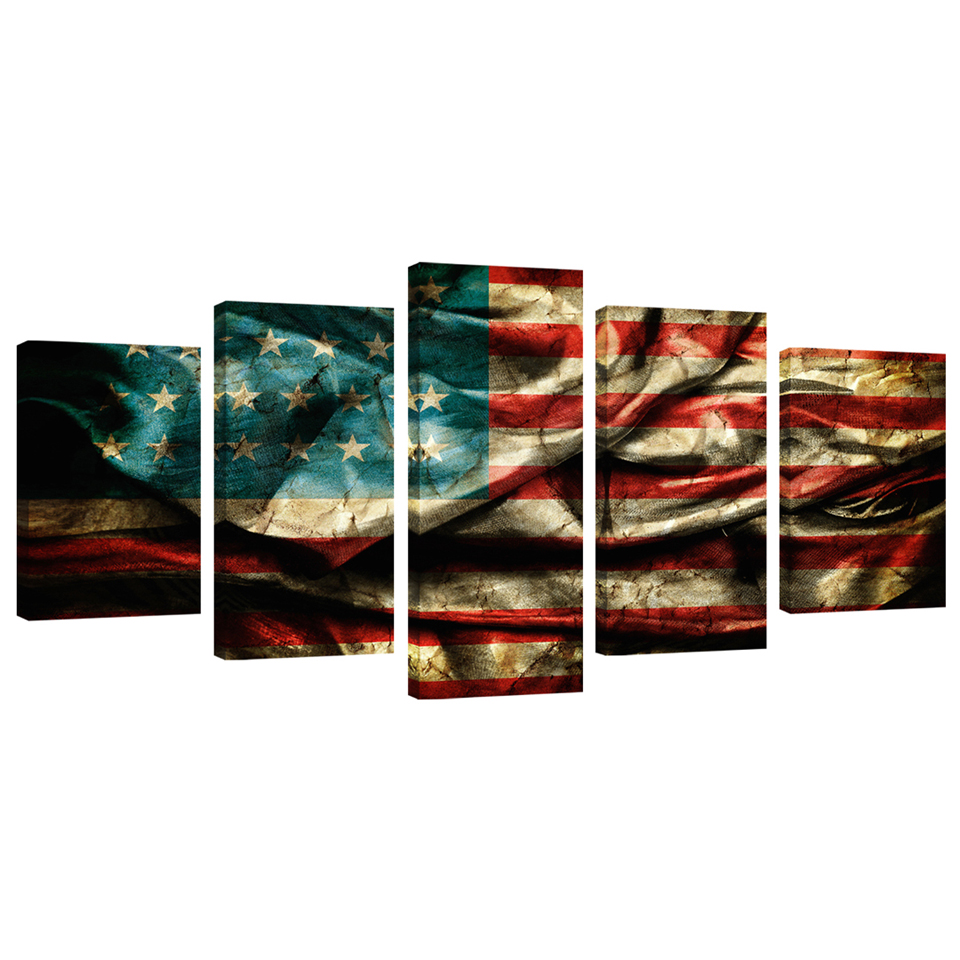 Retro American Flag Canvas Painting Print Wall Art Vintage Retro American Flag Canvas Painting Print Wall Art Vintage Paintings Giclee Artwork For Living Room Decoration 5 Panels Stretched And Framed