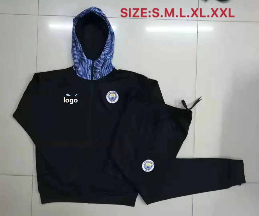 19 20 Men Manchester City Black Soccer Jacket With Hoodies Football Kits
