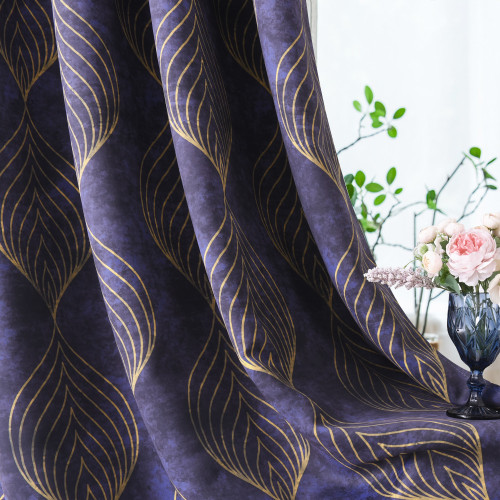 Custom Gold Wave Lines Peacock Tail Pattern Velvet Curtain Thermal Thick Insulated Blackout Curtain for Bedroom by NICETOWN ( 1 Panel )