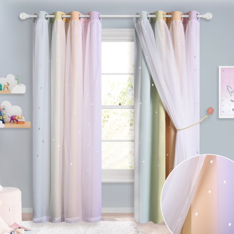 Custom Rainbow Star Curtain Double Layer Colorful Stripes Kids Blackout Curtain Plus White Sheer Livingroom Window Curtain by NICETOWN ( 1 Panel )