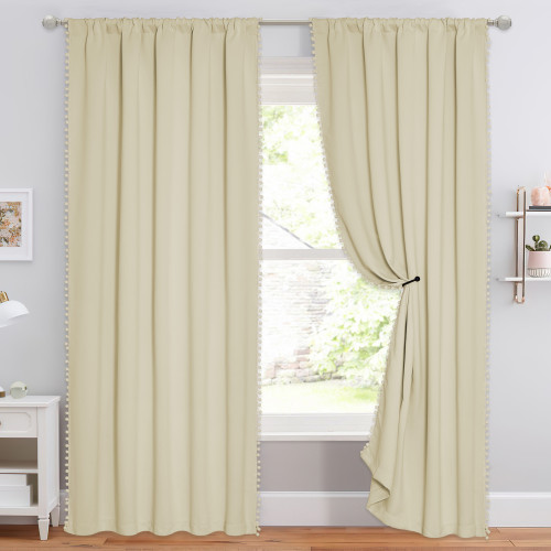 Custom Solid Blackout Curtain Thermal Insulated Energy Drapes with Pompoms for Living Room Customized Services by NICETOWN ( 1 Panel )