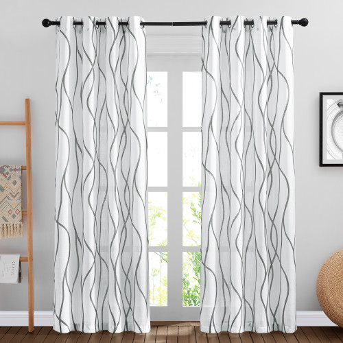 Custom Faxu Linen Sheer Curtain Monochromatic Curve Printed Drape by NICETOWN ( 1 Panel )