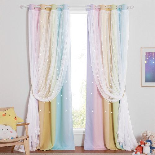 Custom Ombre Multicolor Stripe  Double Layers Blackout Curtain with White Sheer Layer Overlay Thermal Insulated Layer / Star Cut Blackout Curtain by NICETOWN ( 1 Panel )