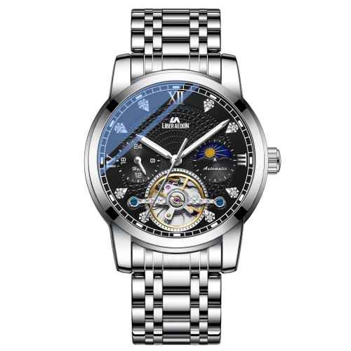 LIBER AEDON Skeletonized tourbillon moon and stars steel band automatic men's mechanical watch