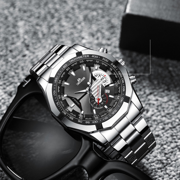 LIBER AEDON Fashionable Trendy Multi-Functional Octagonal Sporty Men's Stainless Steel Band Quartz Watch