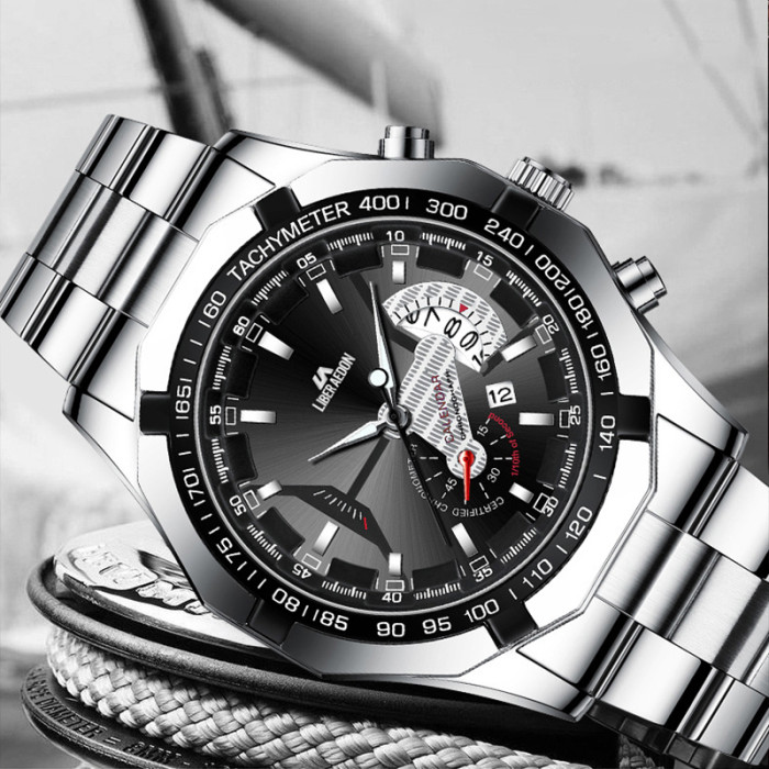 LIBER AEDON Fashionable Trendy Multi-Functional Octagonal Sporty Men's Stainless Steel Band Quartz Watch