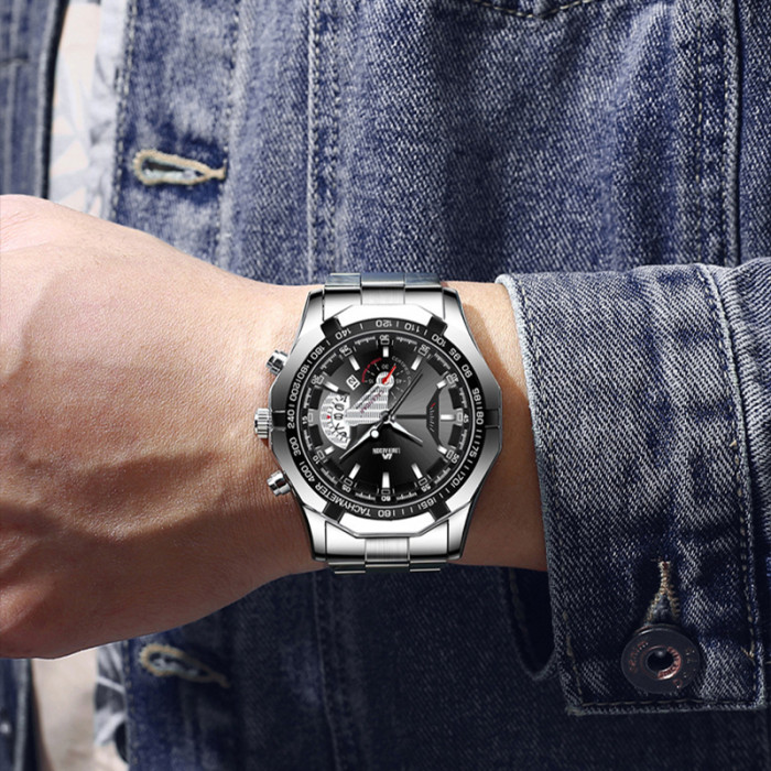 LIBER AEDON Fashionable Trendy Multi-Functional Octagonal Sporty Men's Stainless Steel Band Quartz Watch