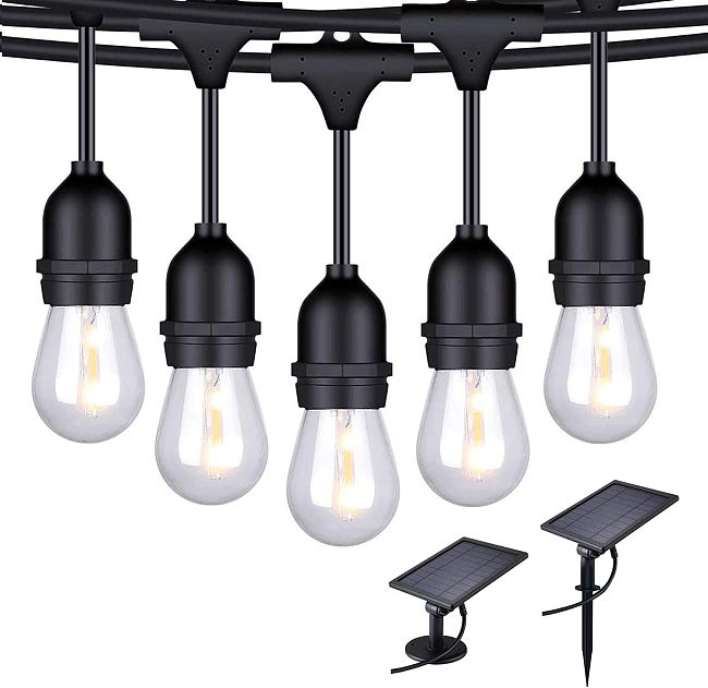 Generalman Solar String Lights - 48 ft LED Outdoor String Lights - Shatterproof, Waterproof Pergola Lights - 15 Hanging Sockets, Light Sensor, S14 Edison Bulbs - Decor for Patio, Backyard, Garden, Bistro