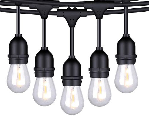 Foxlux String Lights - 48 ft LED Outdoor String Lights - Shatterproof, Waterproof Pergola Lights - 15 Hanging Sockets, Light Sensor, Edison Bulbs - Decor for Patio, Backyard, Garden, Bistro