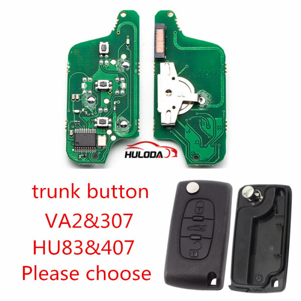For Peugeot 3 Button Flip  Remote Key with 46 chip PCF7941chip ASK model  with VA2 and HU83 blade, trunk  button , please choose the key shell