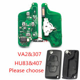 For Peugeot 4Button Flip Remote Key 433mhz (battery on PCB) with 46 chip FSK model with VA2 and HU83 blade , please choose the key shell