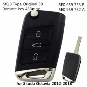 For Original VW Skoda 3 Buttons 434MHz MQB Type Flip Proximity Smart Key for Skoda Octavia 2012-2018 -  5E0 959 753 E  (5E0 959 752 A)