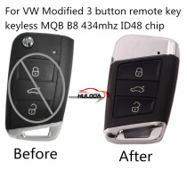 For VW Modified  keyless MQB B8 3 button remote key  with 434mhz ID48 chip