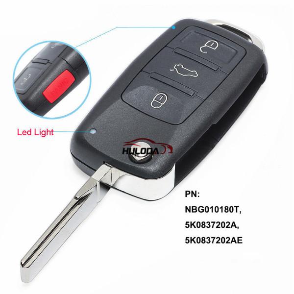 For VW 3+1 button remote key with 315mhz  ID48 glass chip           5K0837202AE