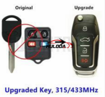 For ford remote key 3+1 button upgraded key，Modified electronic 315mhz or 433mhz , please choose.