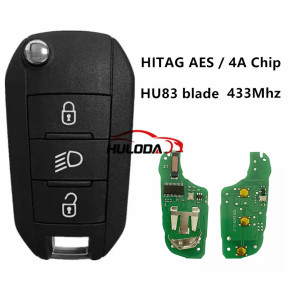 For Peugeot 3 Button Flip Key with 434MHz HITAG AES / 4A Chip HU83 Blade For Peugeot Partner 508 308 4008 Expert