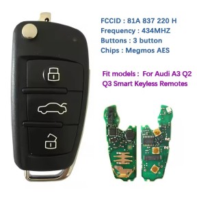 CN008076 Original Flip Key for Audi A3 Q2 Q3 3 Buttons OEM Remote 434Mhz megmos AES Chip Keyless Go FCC 81A 837 220 H