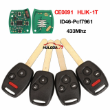 For Honda 2/3/4 key remote control car key CE0891 HLIK-1T 433MHz 7961 Chip
