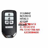 KR5V1X Remote Car Key For Honda City Jazz Fit Civic Shuttle Vezel CR-V 5 Door EX Odyssey EX SE ID47 Chip 313.8MHz